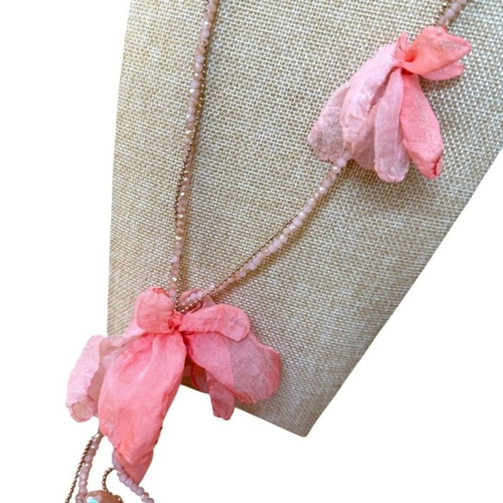 Stella Ruby Pink Beaded Necklace Delicate Fabric Petals Gold Fem, Floral, Whimsy